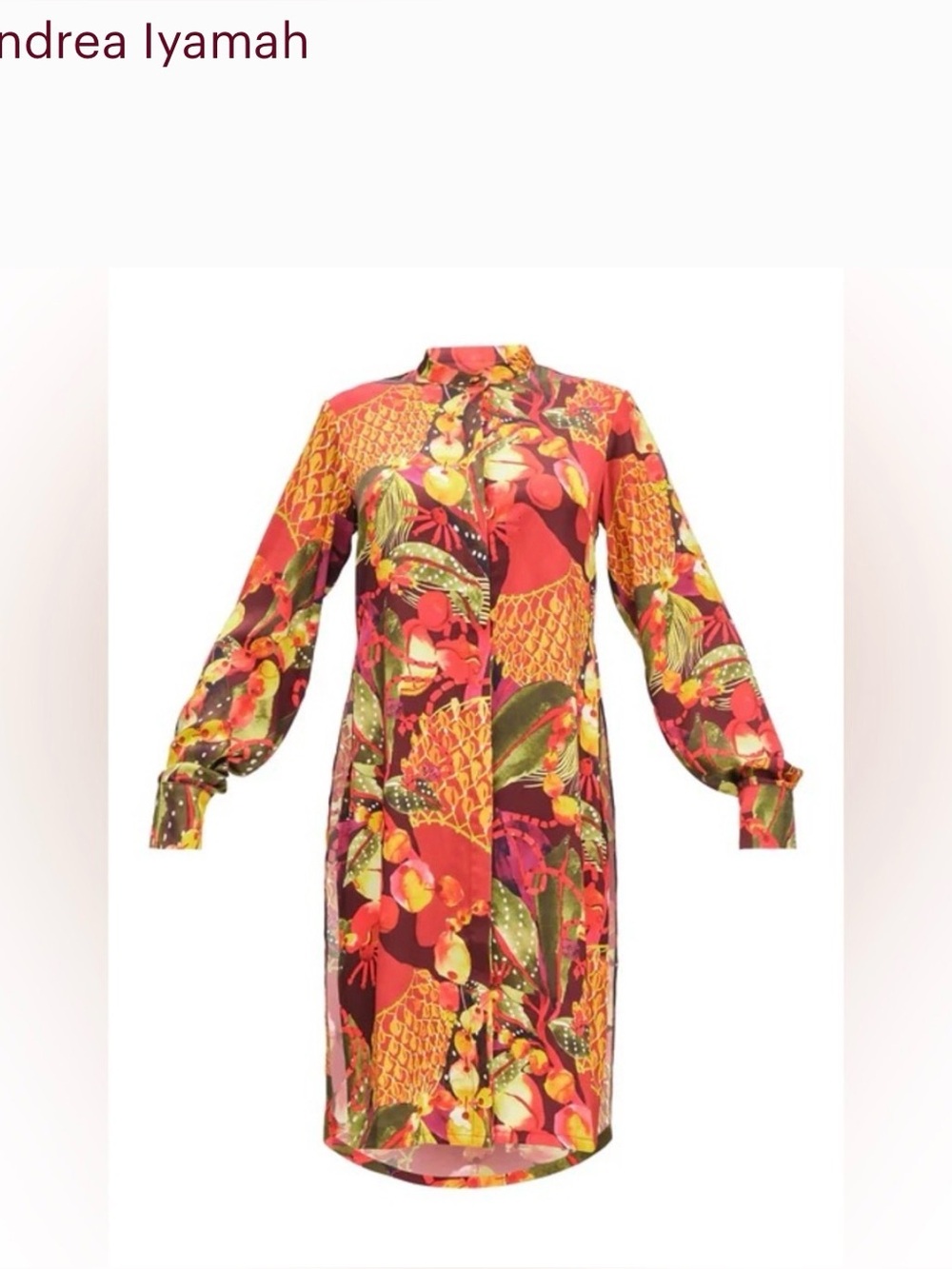 Andrea Iyamah Red Tropical-Print Long Sleeve Shirt Dress